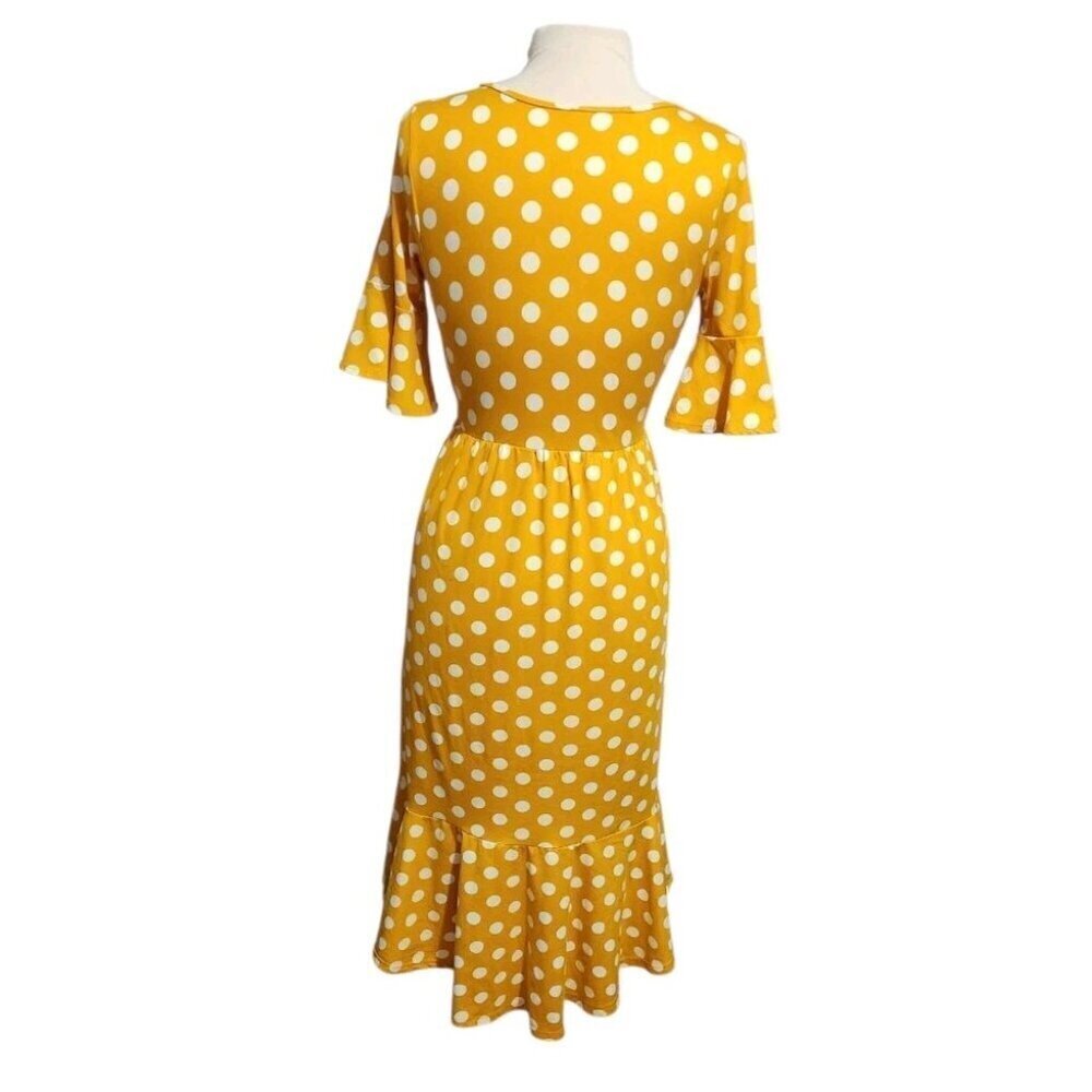 Mustard Yellow Polka Dot Retro Rockabilly Waist Midi Dress Ruffle Fit Flare Soft - Picture 2 of 9
